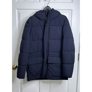 MNG MAN Puffer Coat Men's Medium Pockets Dark Navy Blue Water Repel READ * Flaws